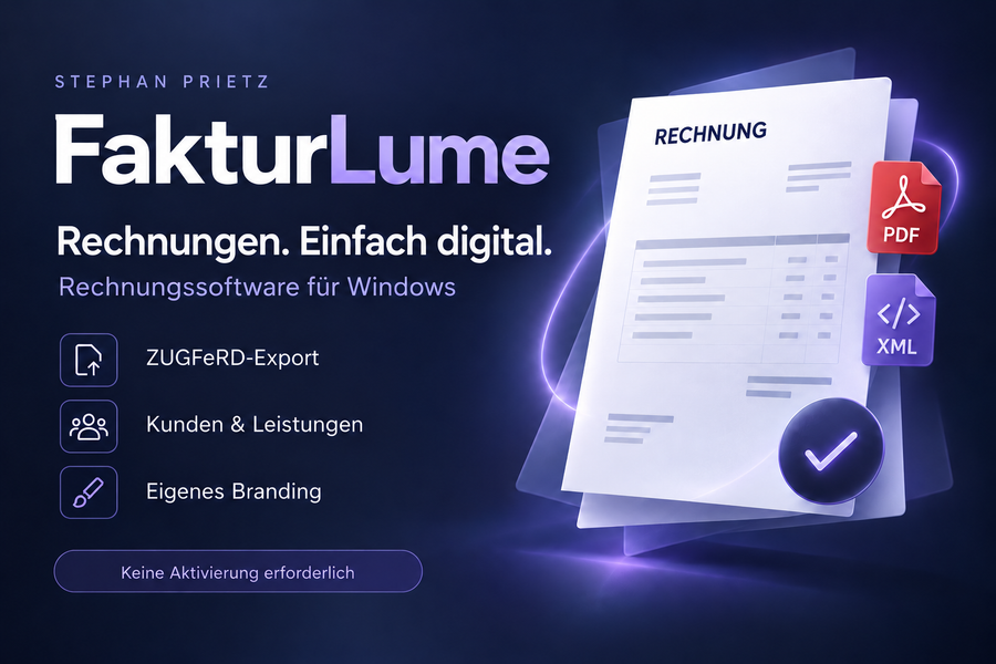 FakturLume von Stephan Prietz: Windows-Rechnungssoftware mit ZUGFeRD-Export, ohne Aktivierung. Symbolisches Produktmotiv.