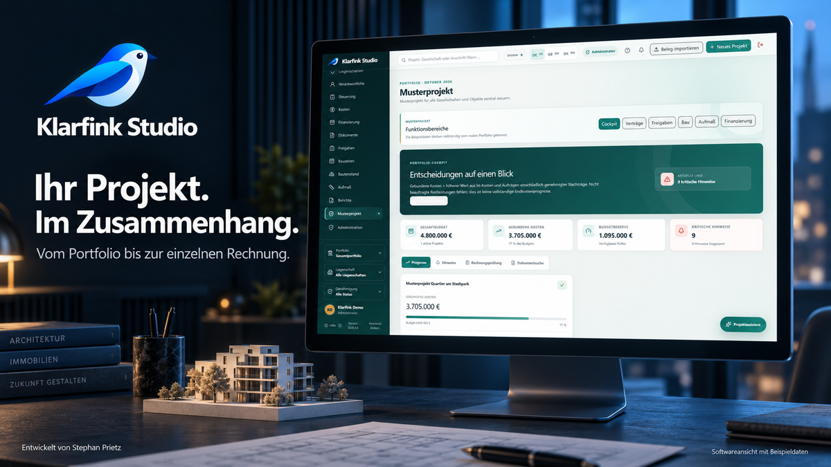 Klarfink Studio Portfolio-Cockpit – Softwareansicht mit Beispieldaten auf einem Monitor
